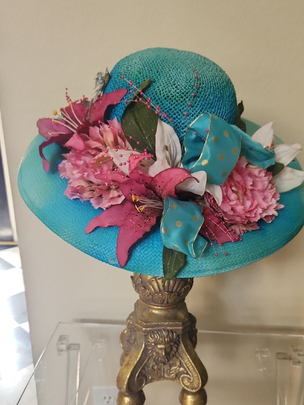 Turquoise Floral Wide-Brim Women's Hat with Pink Accents
